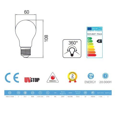 LED Light Bulb Drop 7W 806Lm E27 Clear 2700K Dimmable