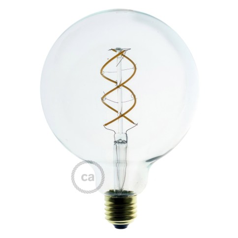 LED Transparent Light Bulb - Globe G125 Curved Spiral Filament - 4.9W 400Lm E27 2200K Dimmable
