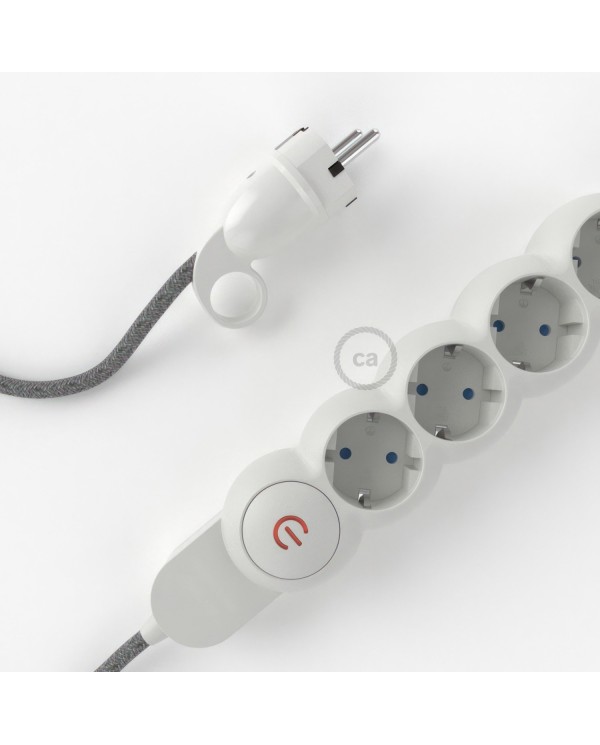 Power Strip with electrical cable covered in Grey Natural Linen fabric RN02 and Schuko plug with confort ring
