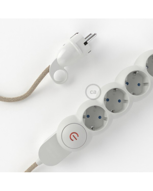 Power Strip with electrical cable covered in Neutral Natural Linen fabric RN01 and Schuko plug with confort ring