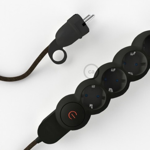 Power Strip with electrical cable covered in Brown Natural Linen fabric RN04 and Schuko plug with confort ring