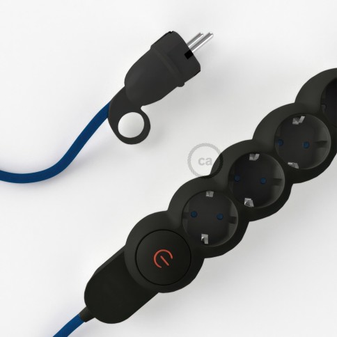 Power Strip with electrical cable covered in rayon Blue fabric RM12 and Schuko plug with confort ring