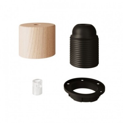 Wood E27 cylindrical threaded lamp holder kit with cable clamp for lampshade