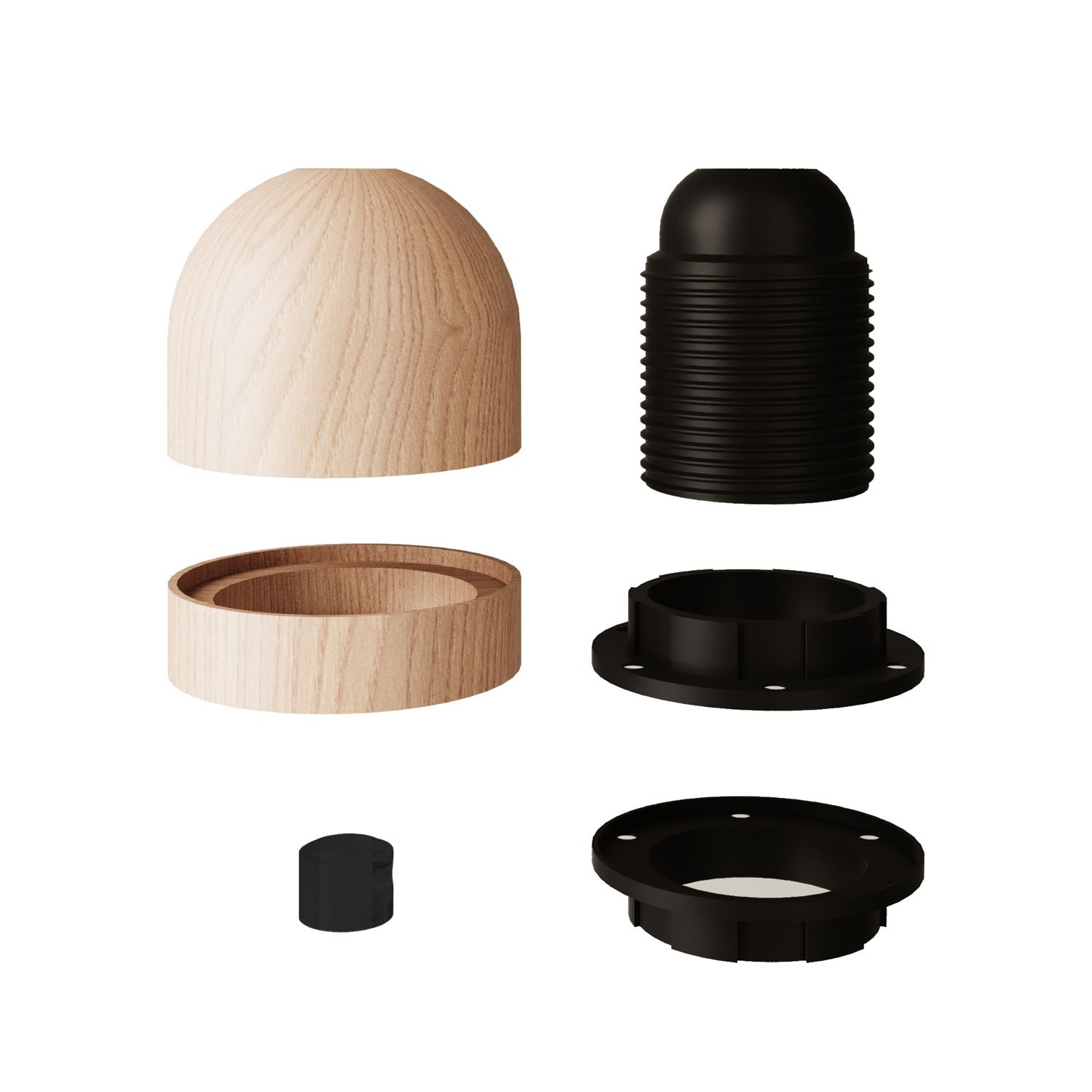 Wood E27 threaded hemispherical lamp holder kit with hidden cable clamp and ferrule cover for lampshade