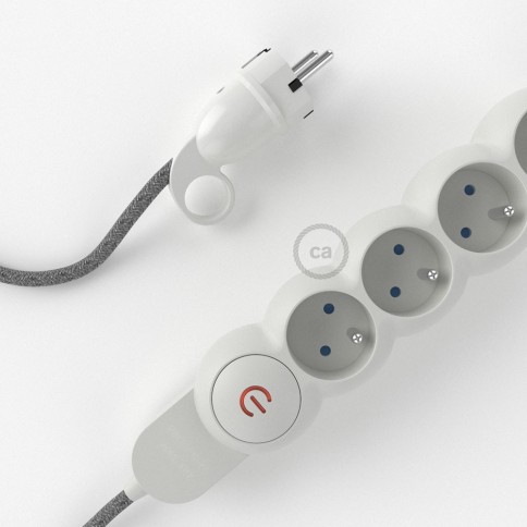 Power Strip with electrical cable covered in Grey Natural Linen fabric RN02 and Schuko plug with confort ring