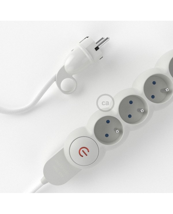 Power Strip with electrical cable covered in rayon White fabric RM01 and Schuko plug with confort ring