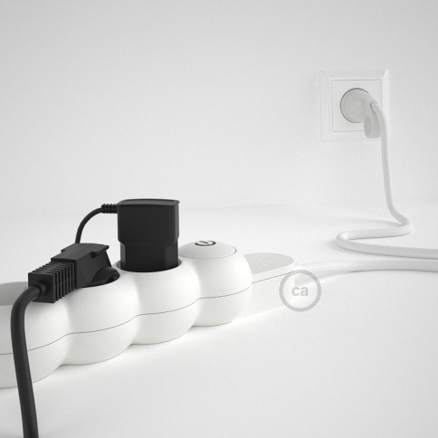 Power Strip with electrical cable covered in rayon White fabric RM01 and Schuko plug with confort ring