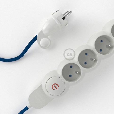 Power Strip with electrical cable covered in rayon Blue fabric RM12 and Schuko plug with confort ring