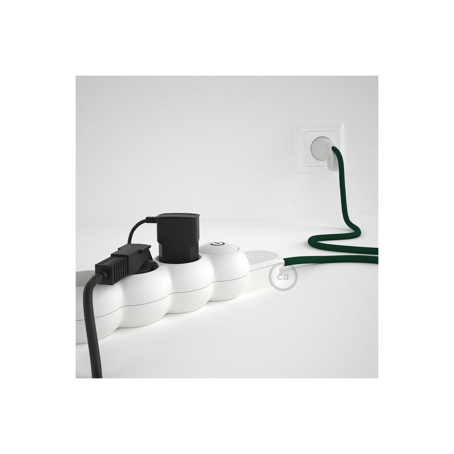 Power Strip with electrical cable covered in rayon Dark Green fabric RM21 and Schuko plug with confort ring