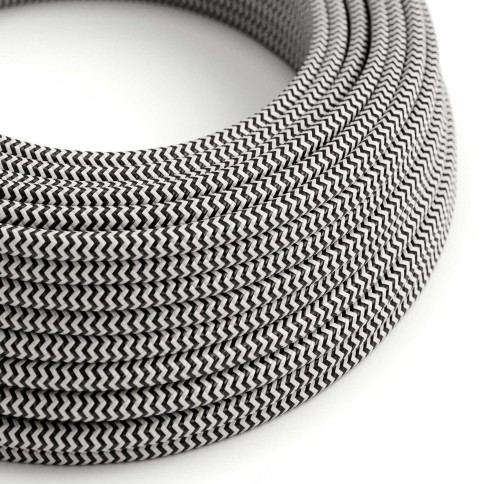 Glossy Charcoal Black and Optical White ZigZag Textile Cable - The Original Creative-Cables - RZ04 round 2x0.75mm / 3x0.75mm