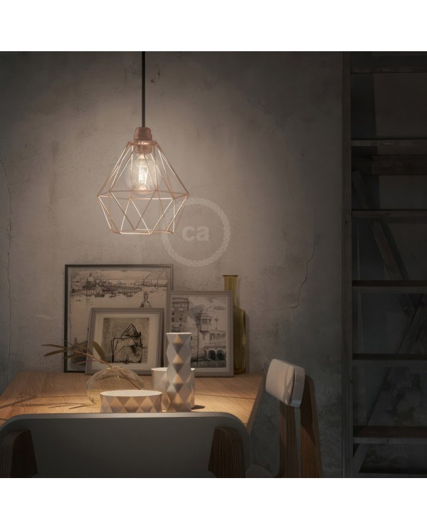 Pendant lamp with textile cable, Diamond cage lampshade and metal details - Made in Italy