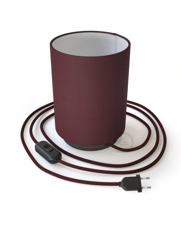 Posaluce in metal with Burgundy Canvas Cilindro lampshade, complete with fabric cable, switch and 2-pin plug