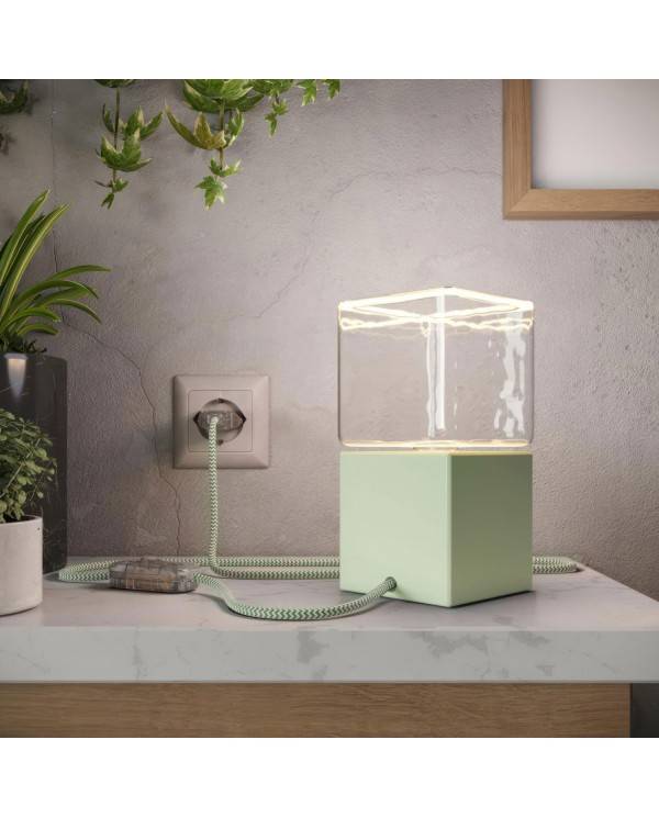 Posaluce Cubetto Color, painted wooden table lamp complete with textile cable, switch and 2-pole plug
