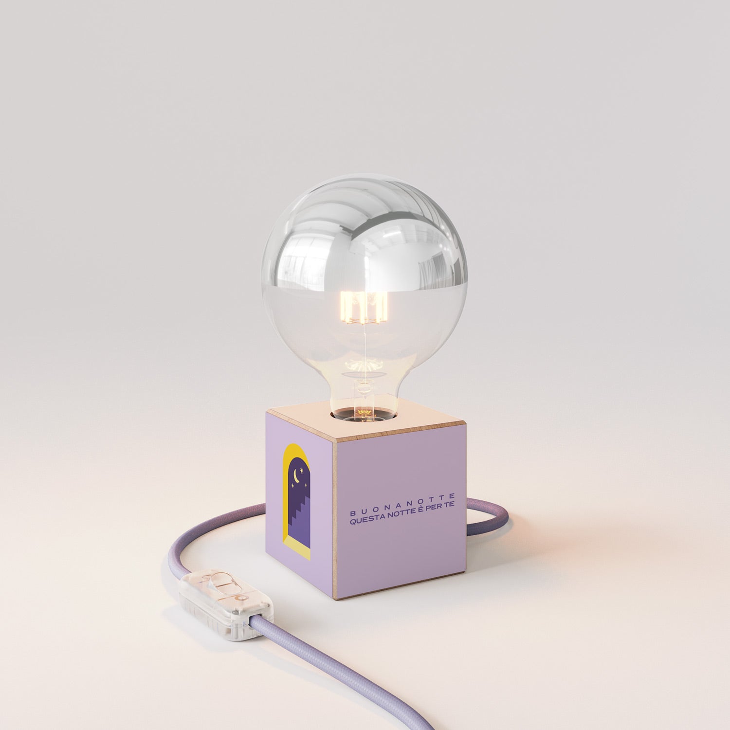 Lampada da tavolo Cubetto "Buonanotte fiorellino" con lampadina globo mezza sfera argento - Santomanifesto