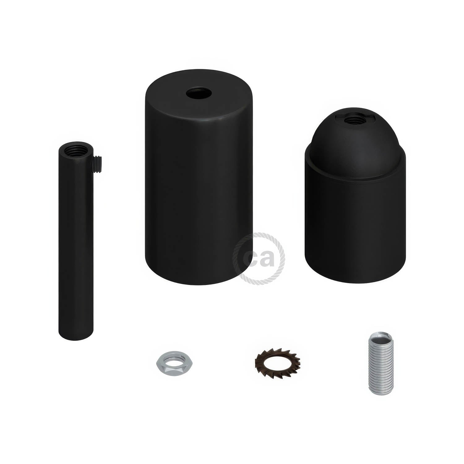 Kit portalampada E27 cilindrico in metallo con serracavo da 7 cm - Nero
