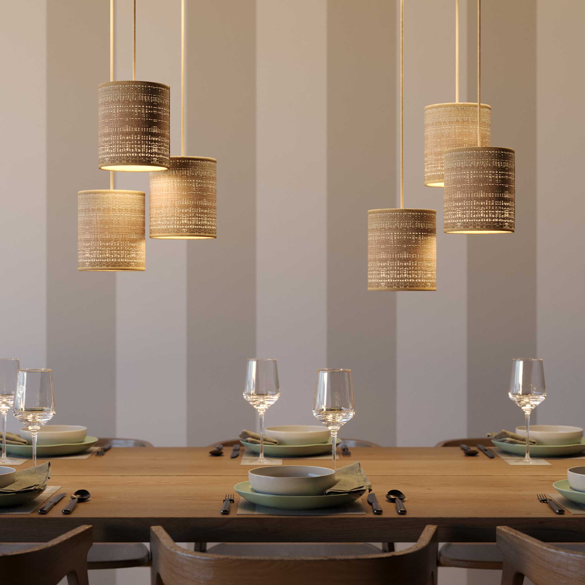 Pendant lamp with textile cable, raffia Cylinder lampshade and metal details - Natural Raffia