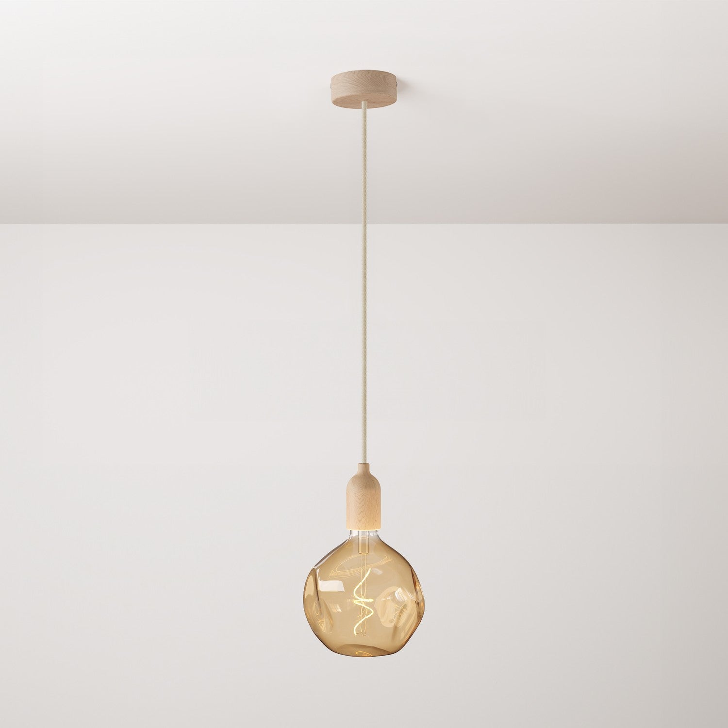 Lampada a sospensione completa di cavo tessile e finiture in legno - Neutro