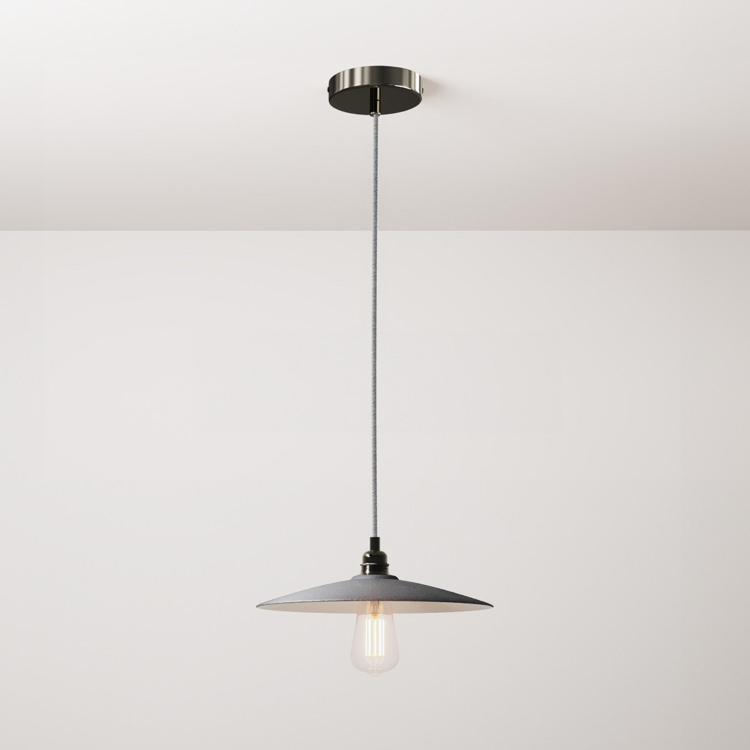 Lampada a sospensione completa di cavo tessile, paralume in ceramica Piatto e finiture in metallo - Effetto cemento