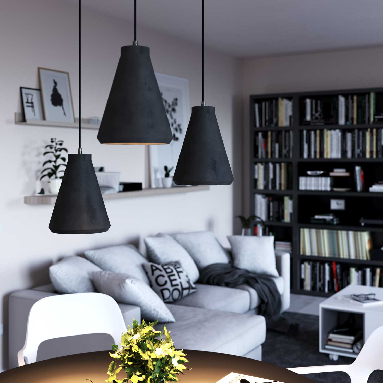 Pendant lamp with textile cable, Funnel cement lampshade and metal details - Dark cement