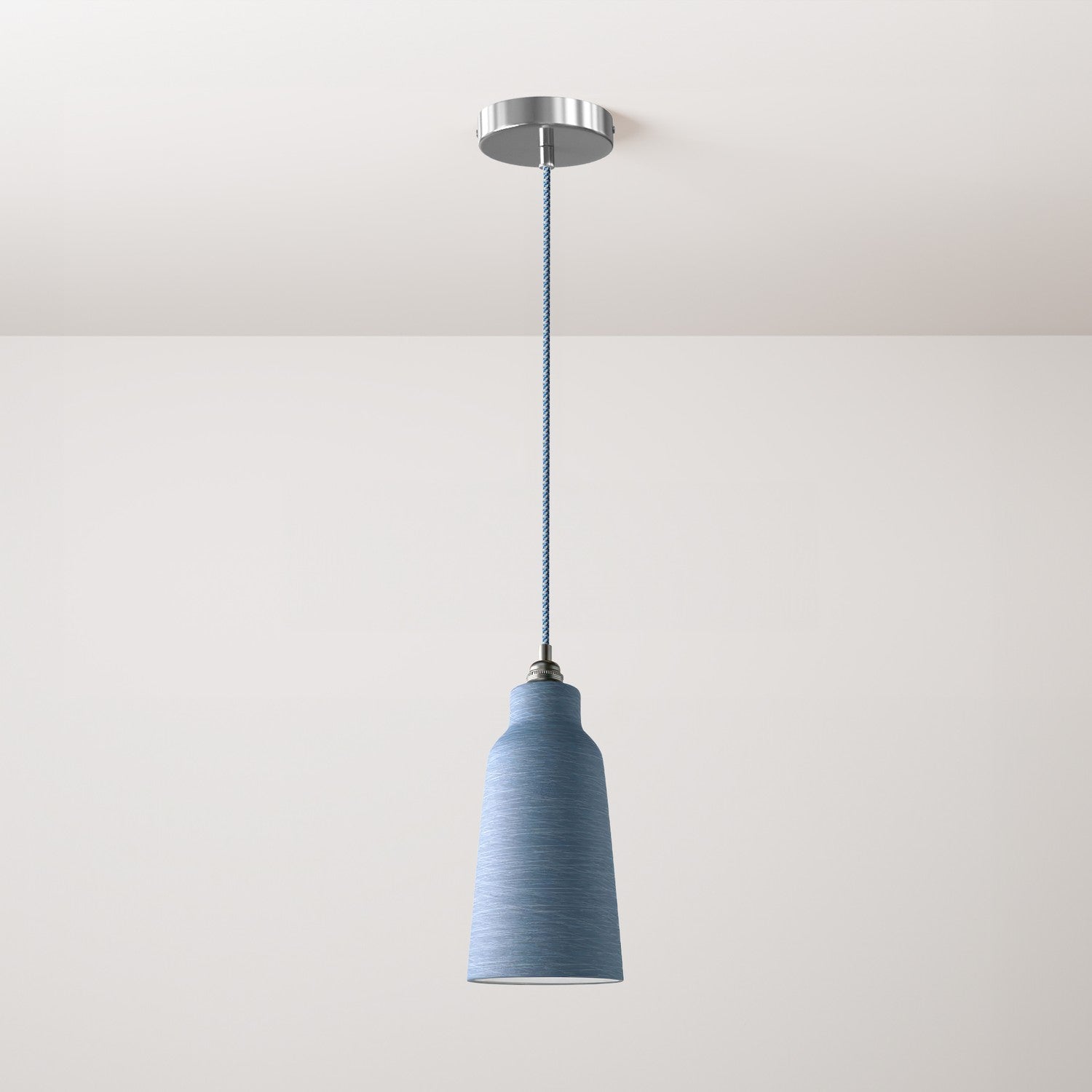 Lampada a sospensione completa di cavo tessile, paralume Bottiglia in ceramica e finiture in metallo - Avion striato