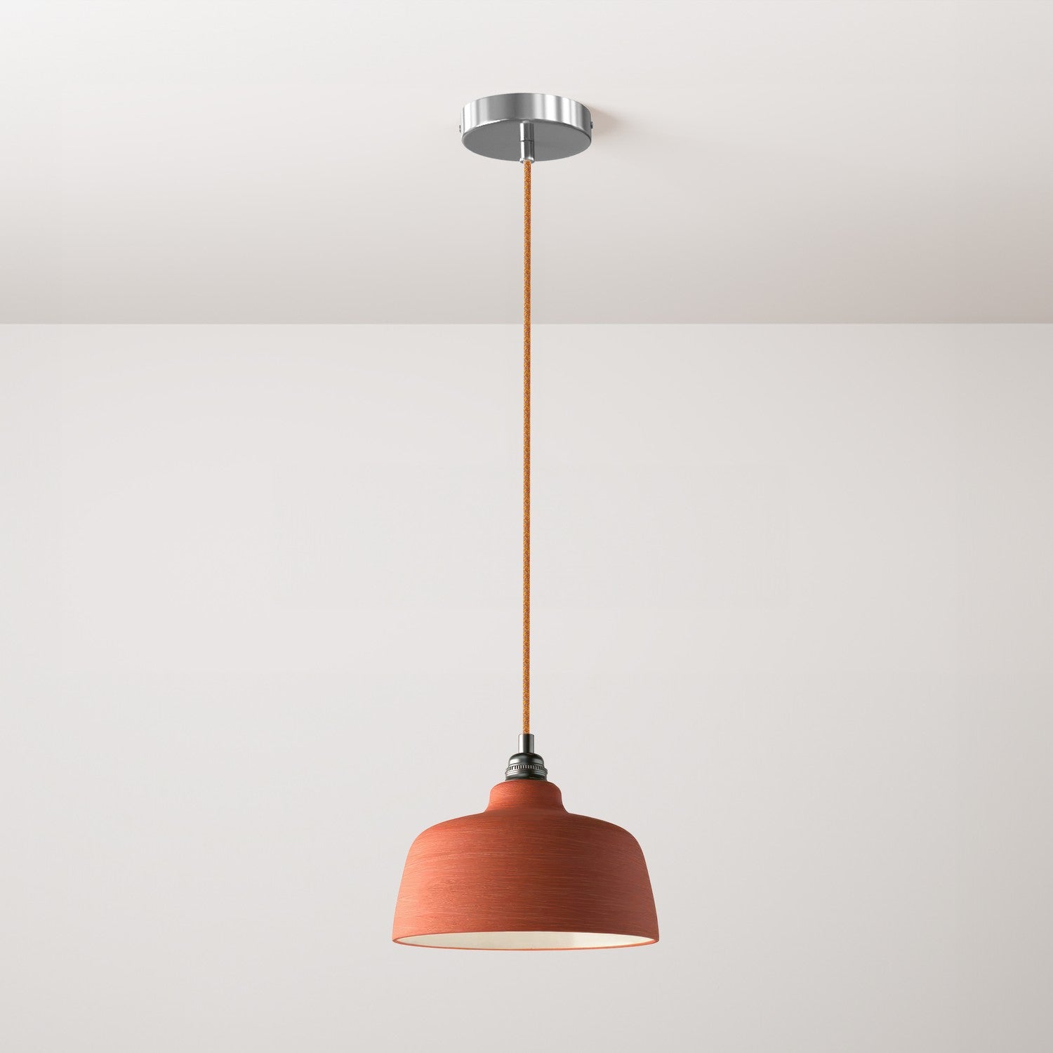 Lampada a sospensione completa di cavo tessile, paralume Coppa in ceramica e finiture in metallo - Corallo striato