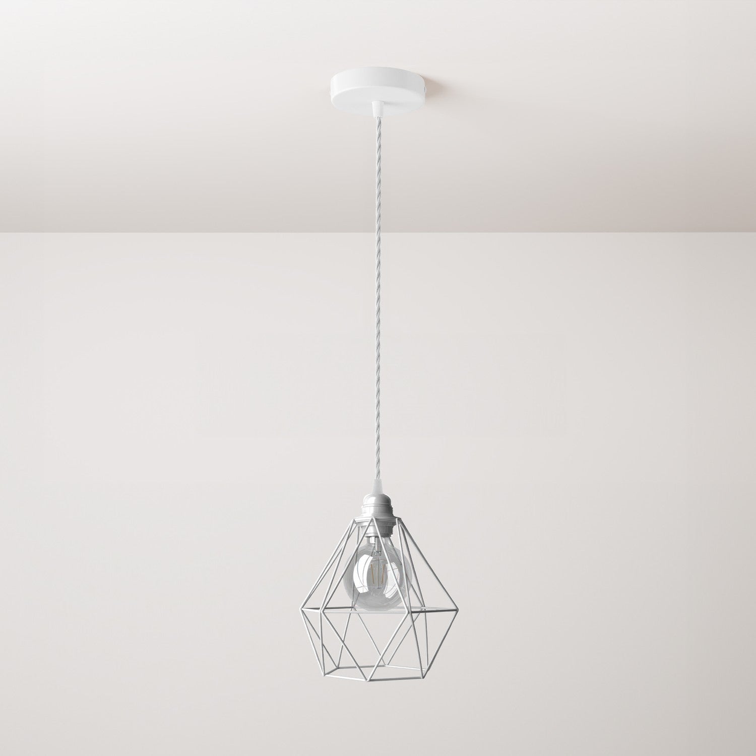 Lampada a sospensione completa di cavo tessile, paralume gabbia Diamond e finiture in metallo - Bianco