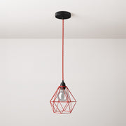 Lampada a sospensione completa di cavo tessile, paralume gabbia Diamond e finiture in metallo - Rosso