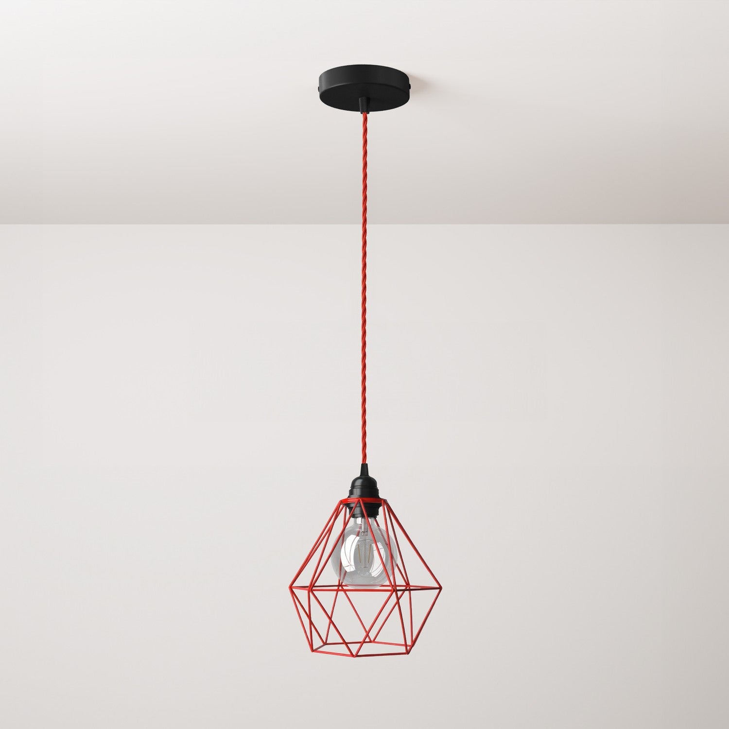 Lampada a sospensione completa di cavo tessile, paralume gabbia Diamond e finiture in metallo - Rosso