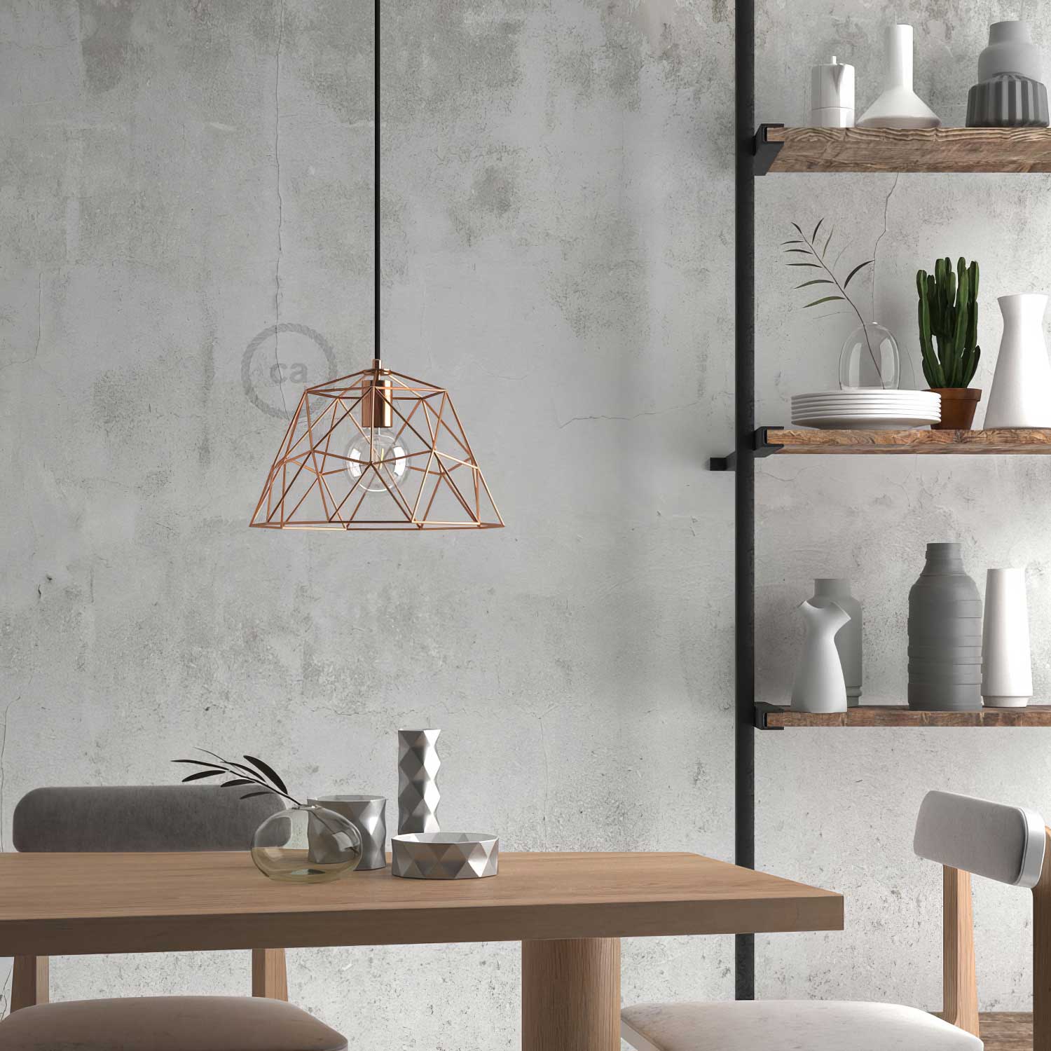 Pendant lamp with textile cable, Dome lampshade and metal details - Copper
