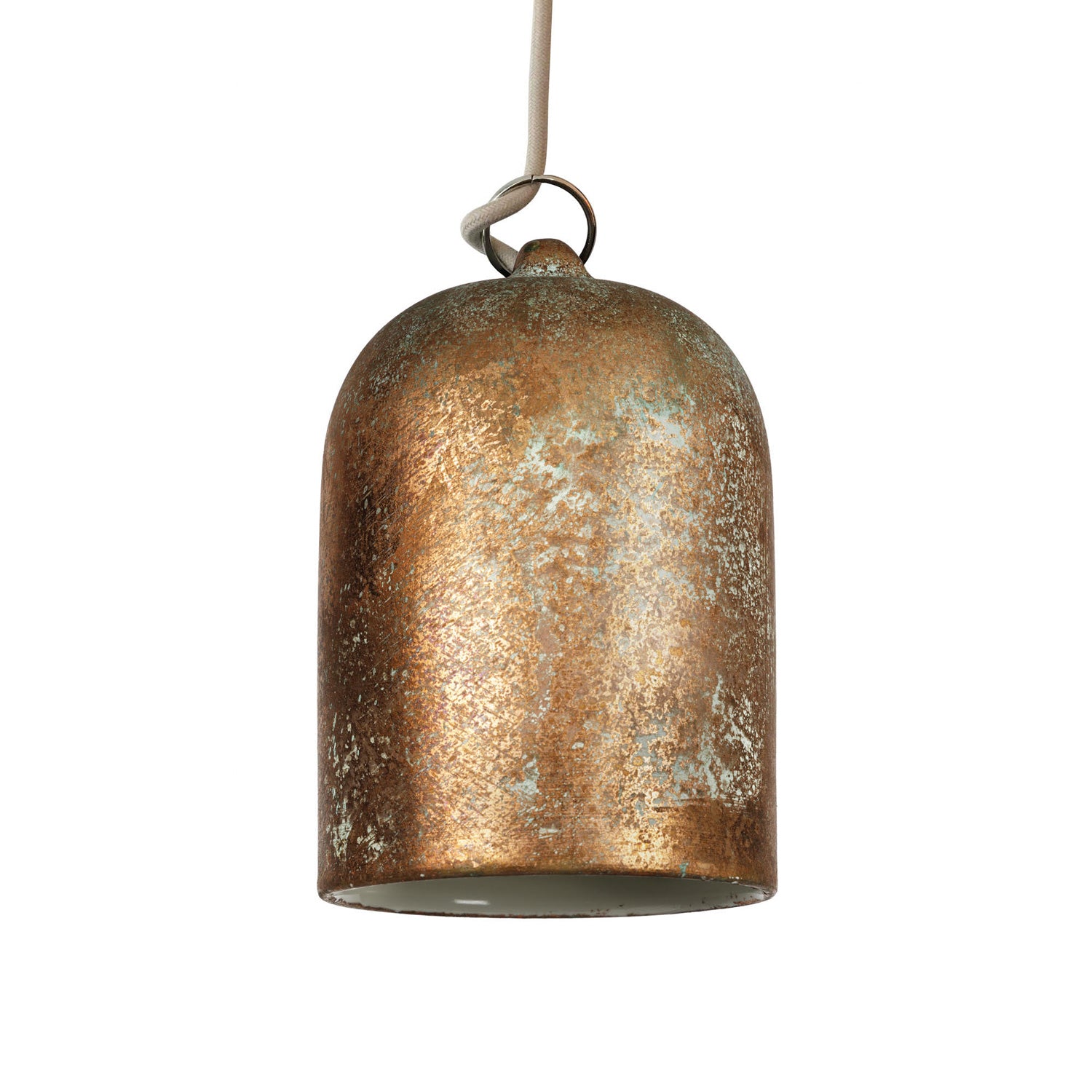 Pendant lamp with textile cable and lampshade Mini Bell XS ceramic shade - Copper green effect