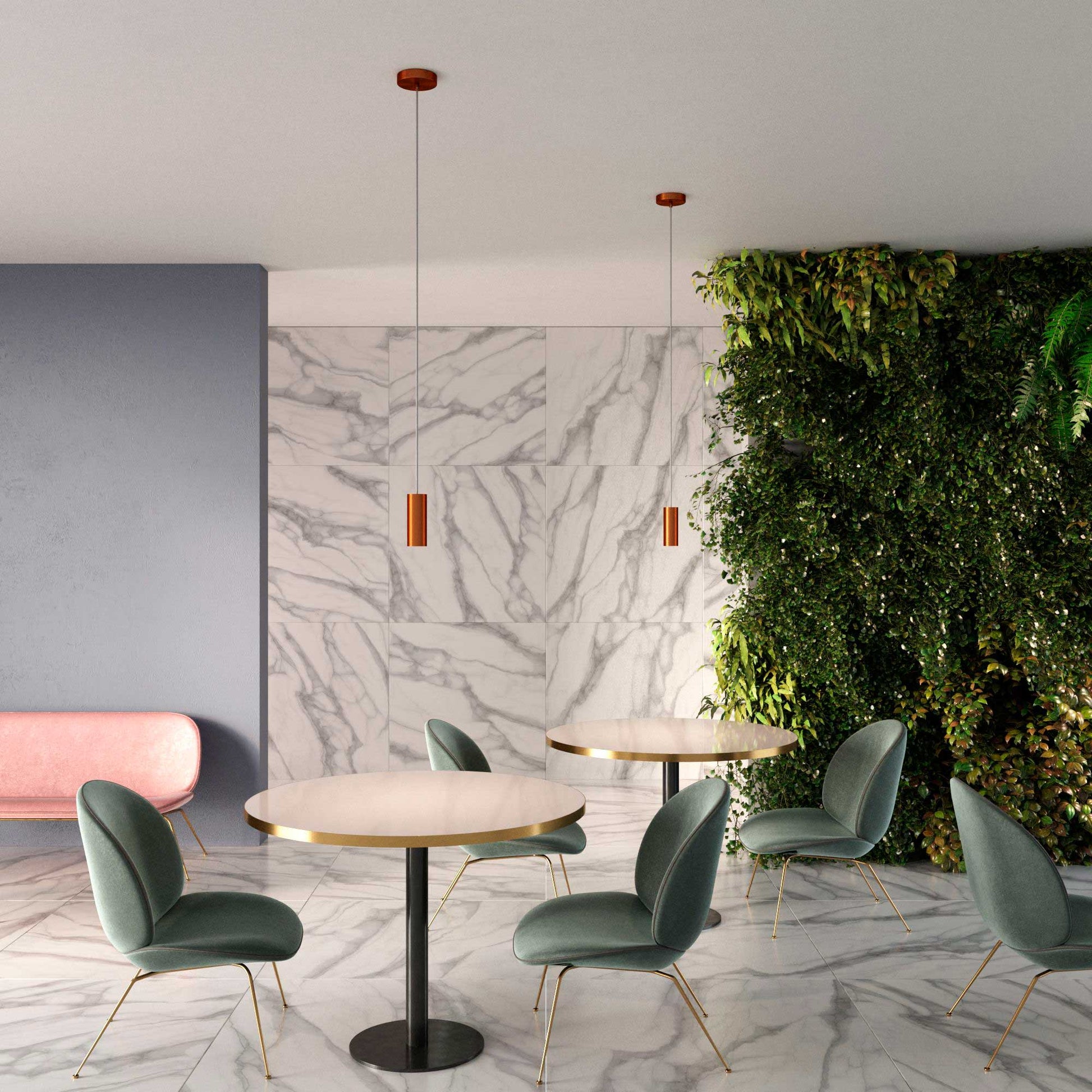 Pendant lamp with textile cable, Tub-E12 lampshade and metal details - Brushed copper