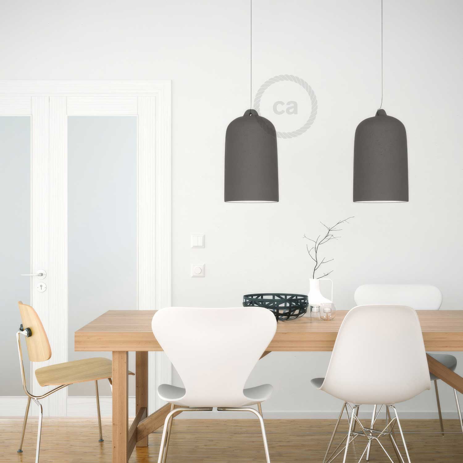 Pendant lamp with textile cable and Bell XL ceramic lampshade - Cement effect