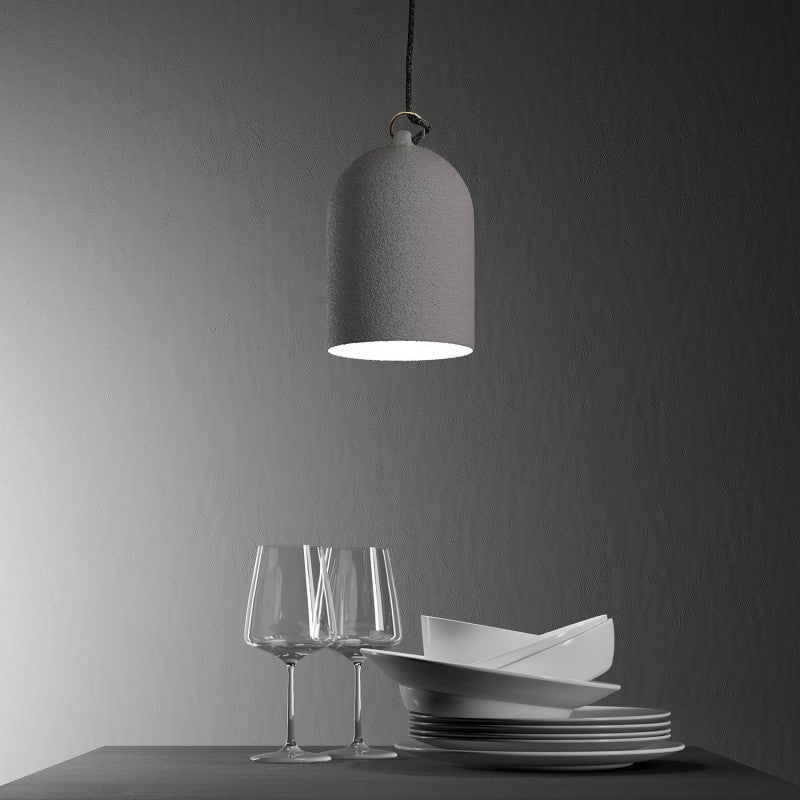 Pendant lamp with textile cable and lampshade Mini Bell XS ceramic shade - Cement effect
