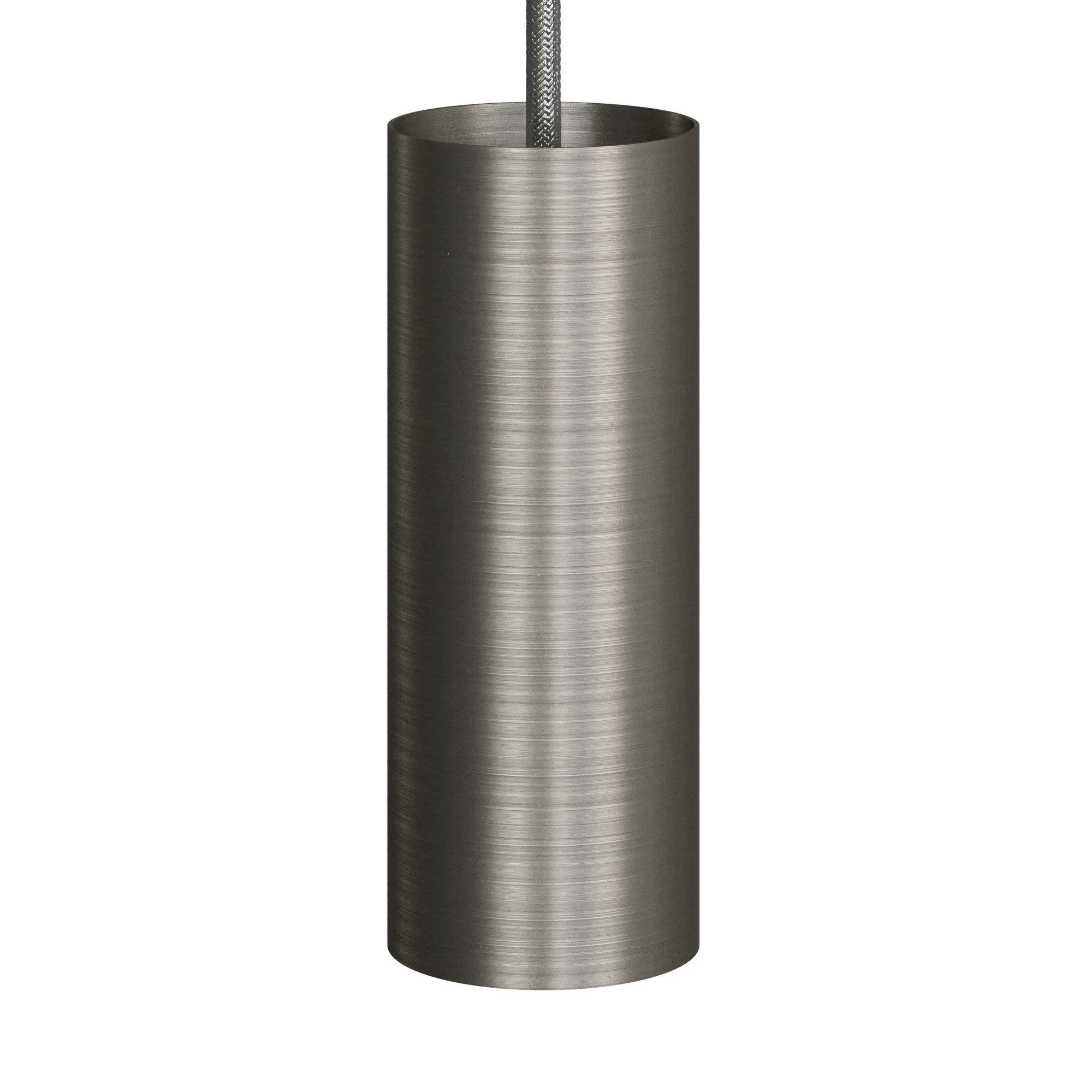 Pendant lamp with textile cable, Tub-E12 lampshade and metal details - Brushed titanium
