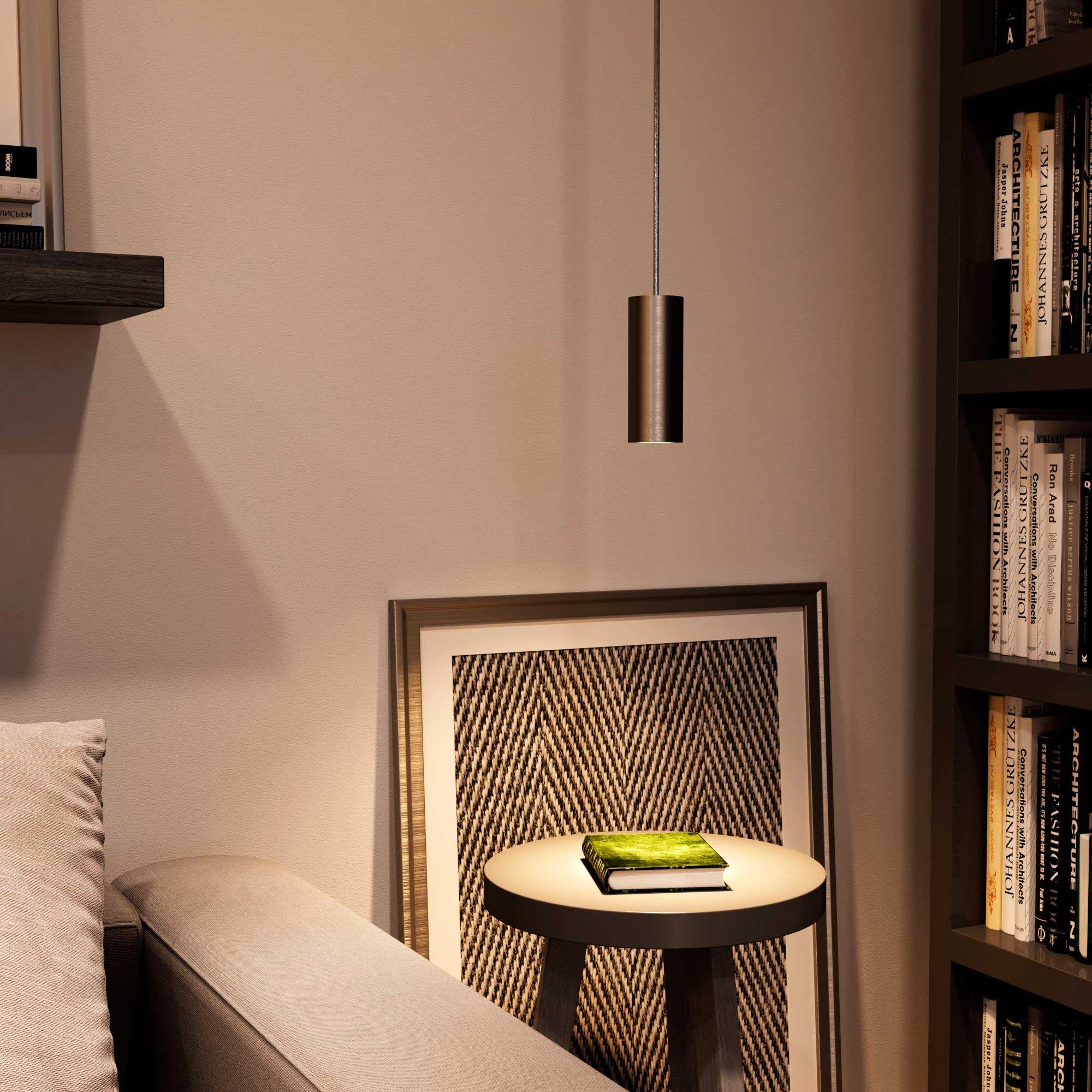 Pendant lamp with textile cable, Tub-E12 lampshade and metal details - Brushed titanium