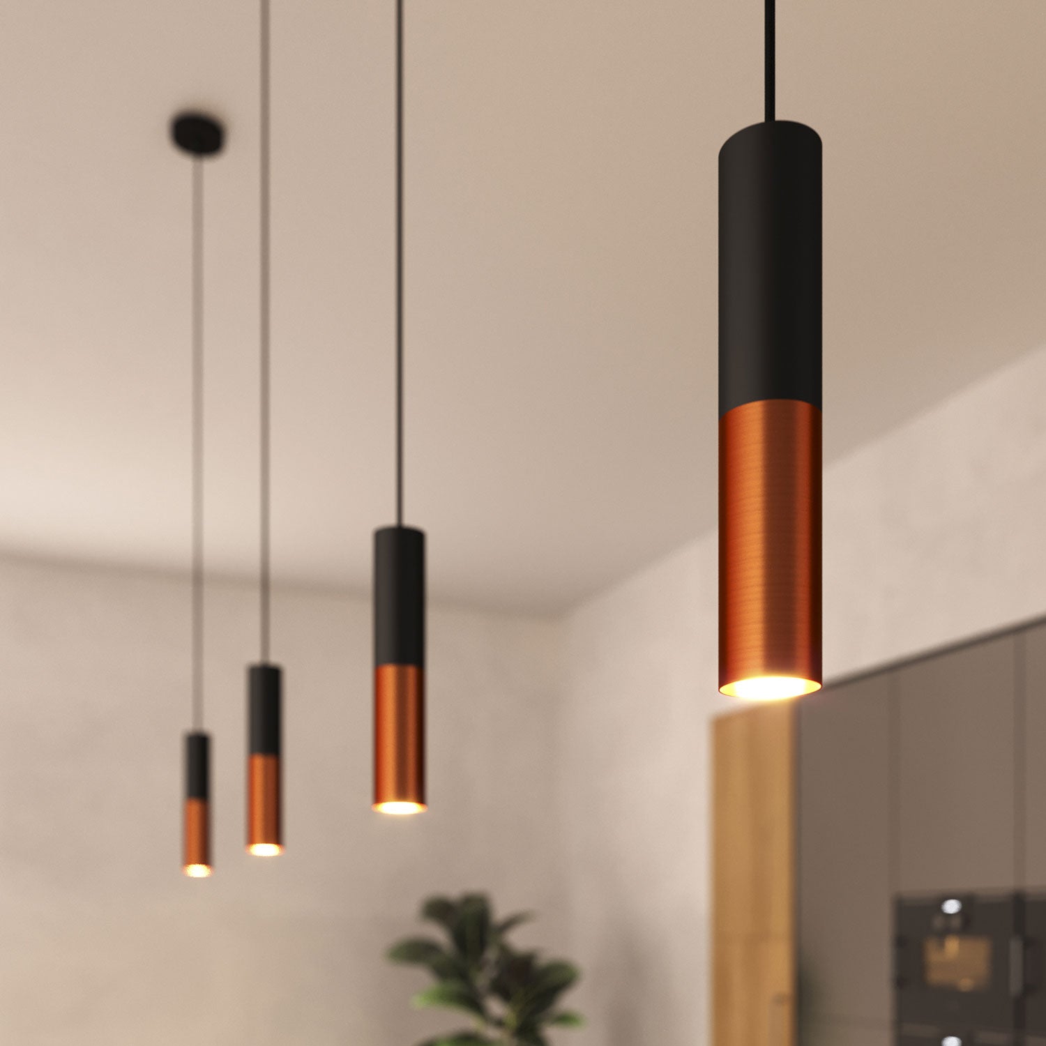 Pendant lamp complete with fabric cable and Tub-E12 double lampshade - Black and Brushed copper