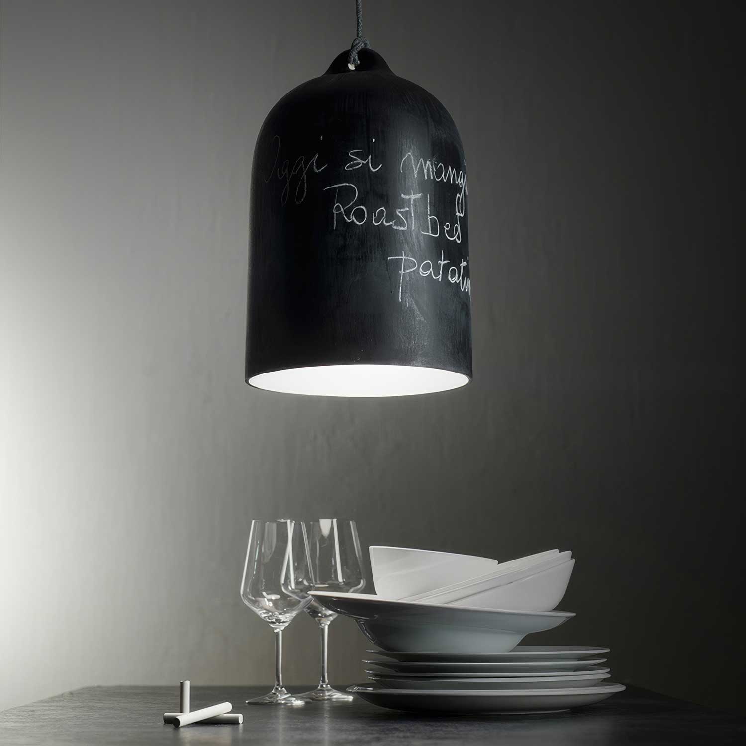 Pendant lamp with textile cable and Bell XL ceramic lampshade - Blackboard