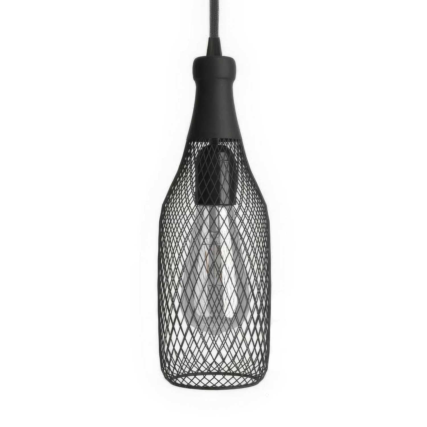 Pendant lamp with textile cable, Magnum bottle lampshade and metal details - Black