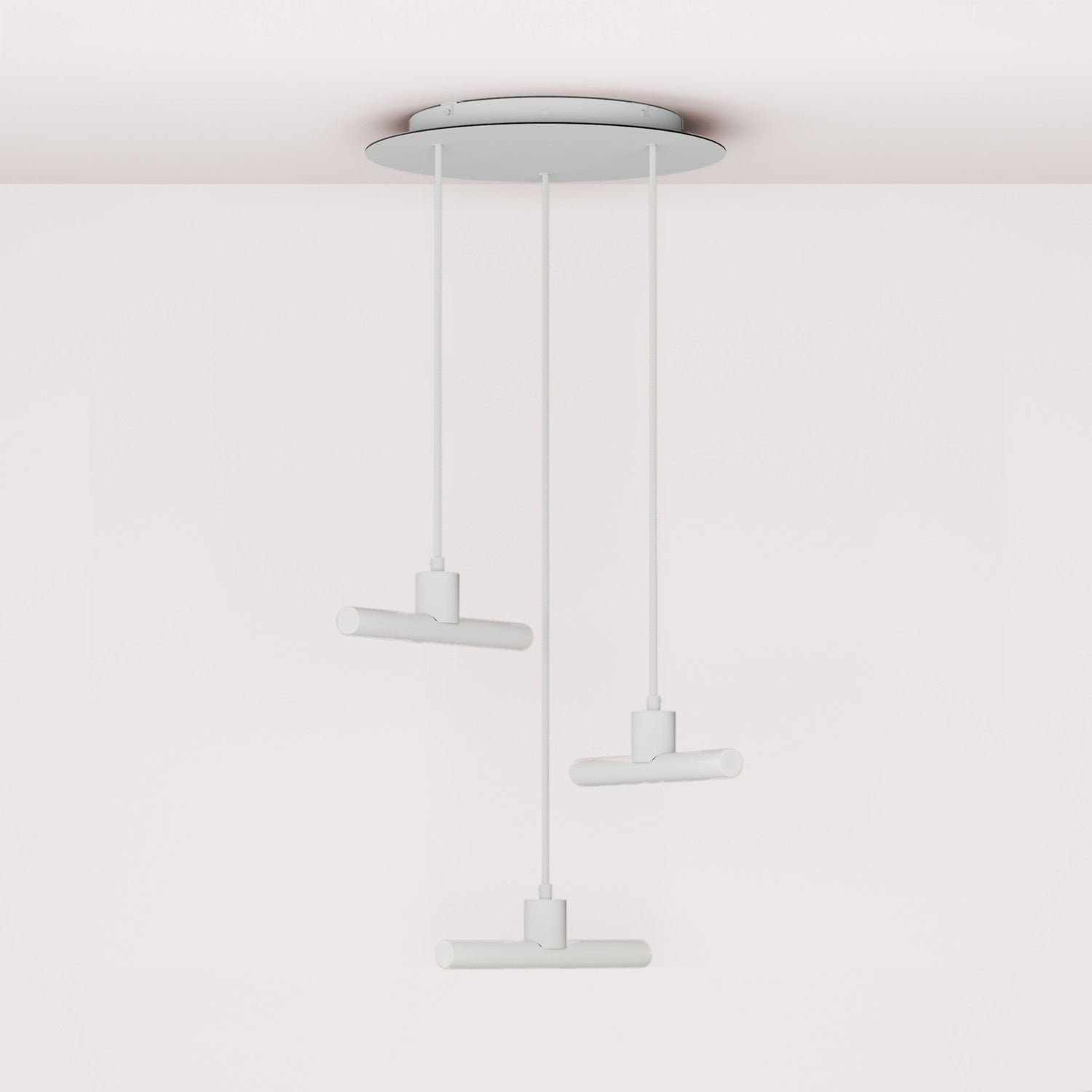 Esse14 3-Drop Asymmetrical Pendant Light with Rose-One, complete with fabric cord and metal finishes - White