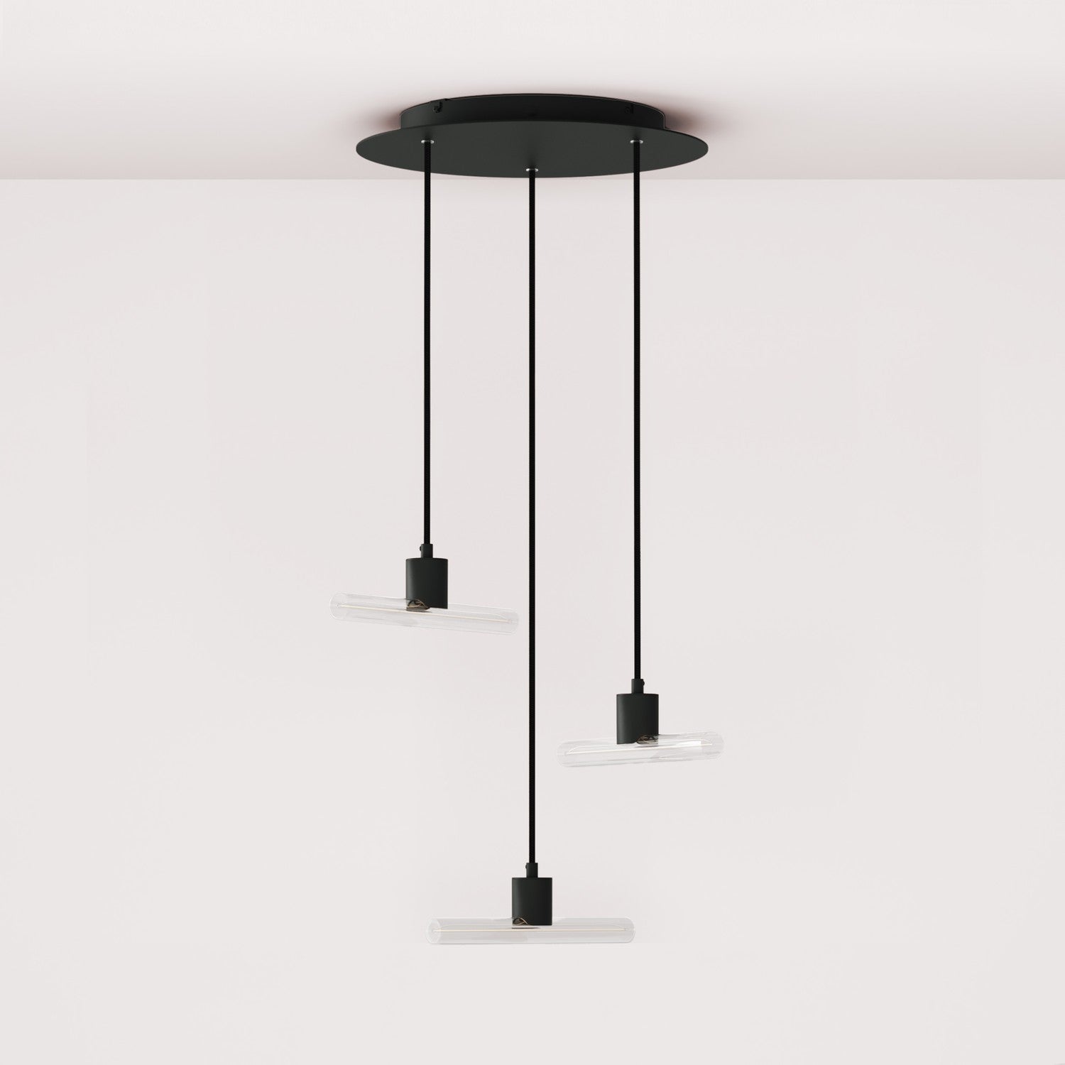Esse14 3-Drop Asymmetrical Pendant Light with Rose-One, complete with fabric cord and metal finishes - Black