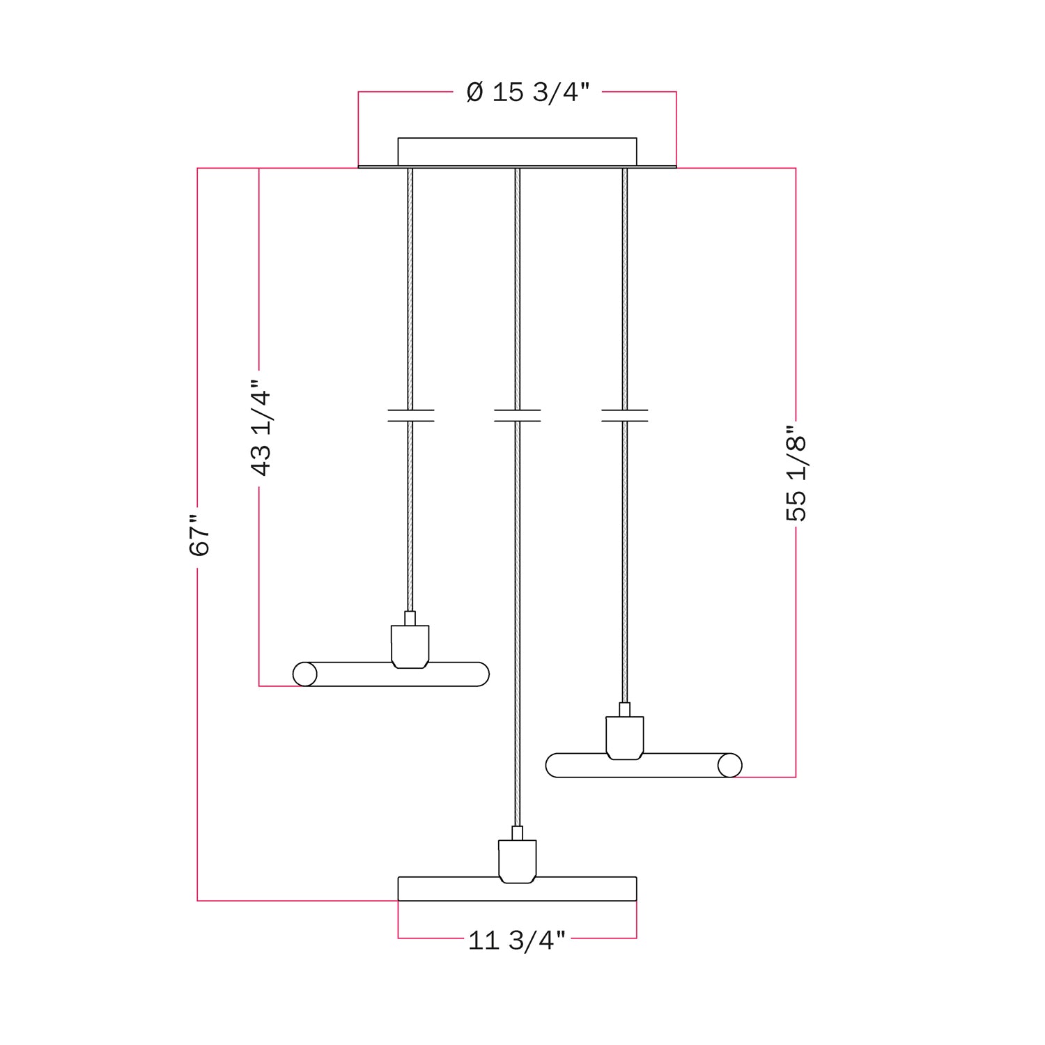 Esse14 3-Drop Asymmetrical Pendant Light with Rose-One, complete with fabric cord and metal finishes - Black
