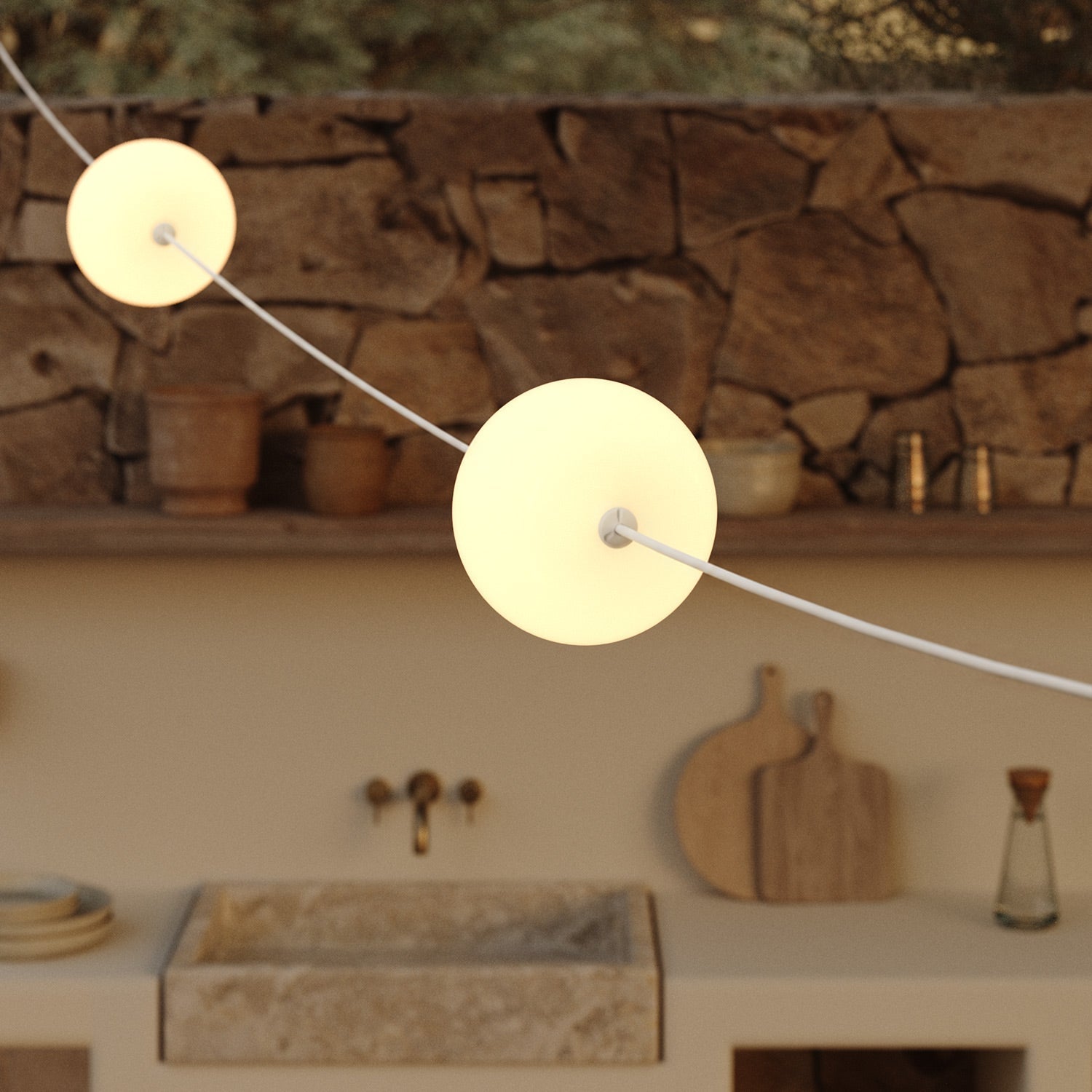 Catena luminosa 3 punti luce da esterno IP67 Bianco Sabbia con spina UK - Marina3 Cherry 140 cm