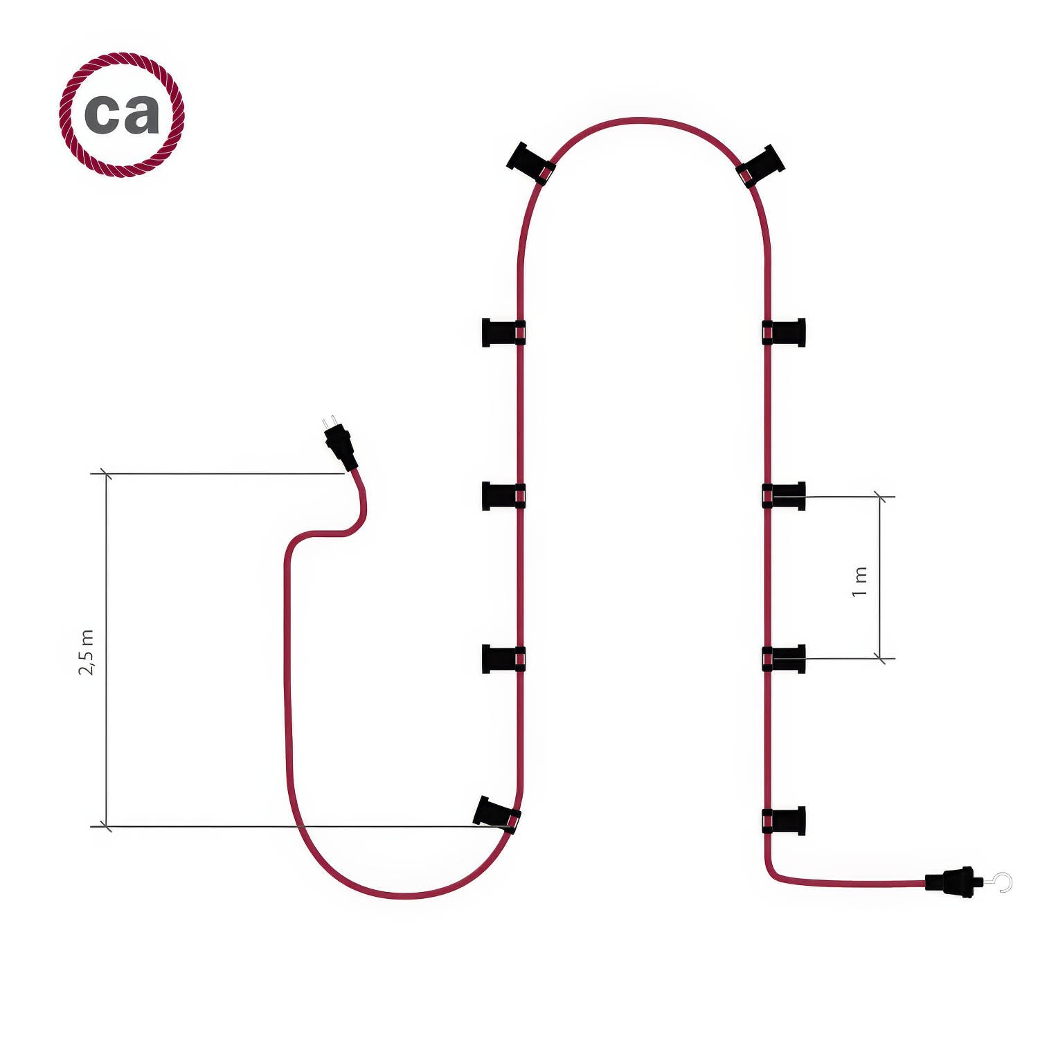 Catenaria Sistema Lumet da 12,5 m con cavo tessile CM21, 10 portalampada, gancio e spina bianchi