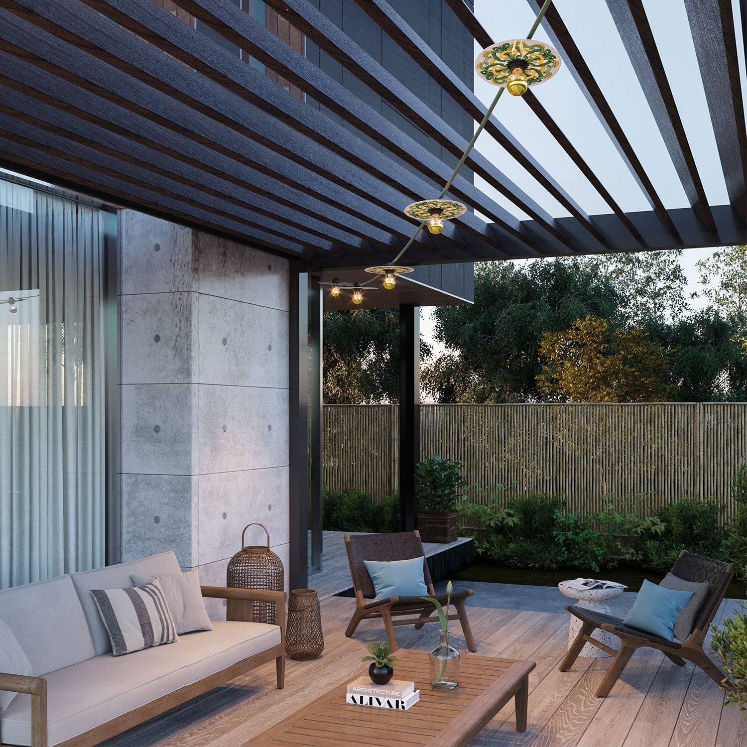 Catenaria Sistema Lumet 'Maioliche' da 7,5 m con cavo tessile, 5 portalampada e paralumi Giallo e Verde, gancio e spina nera