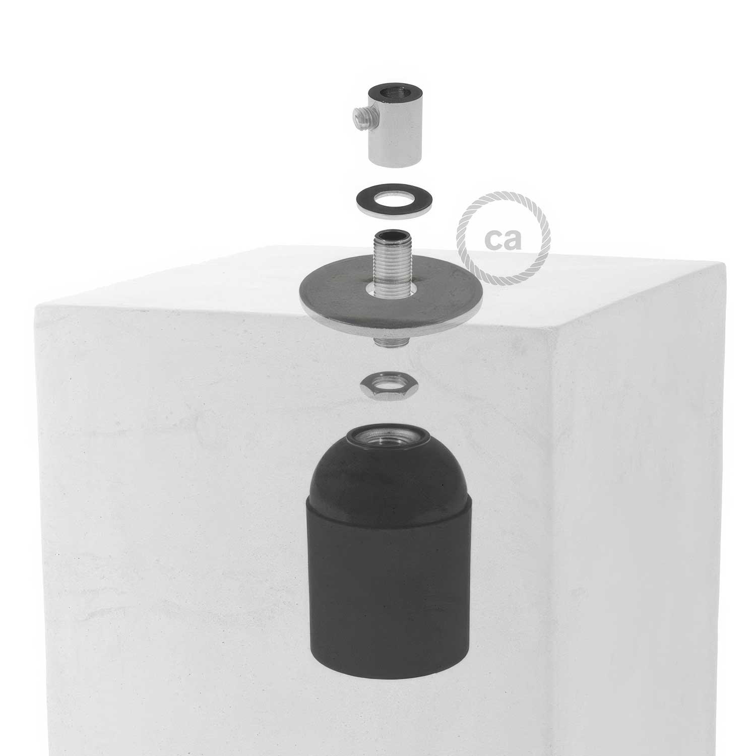 Cube cement lampshade for suspension, with cable clamp and E26 socket - Dark cement