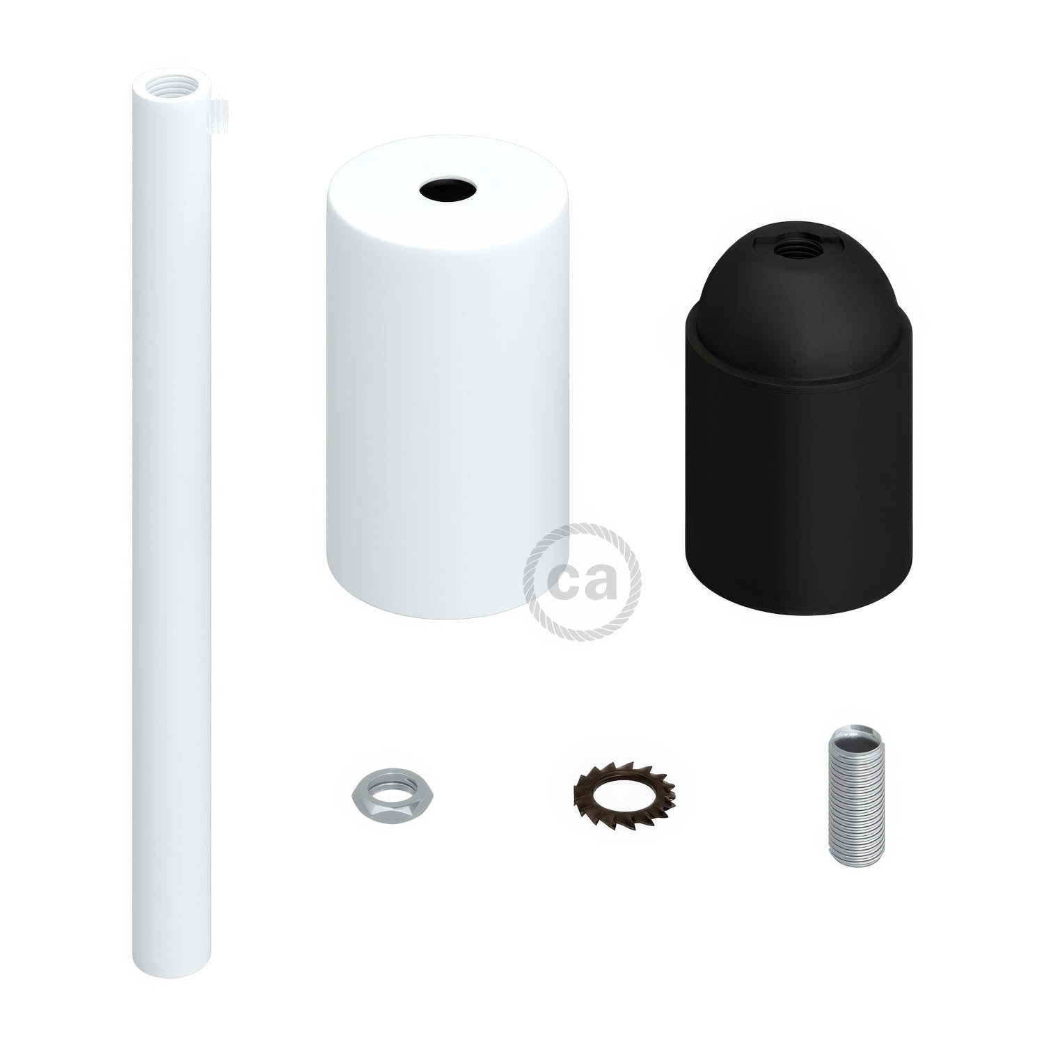 Cylindrical metal UL E26 light bulb socket kit with 15 cm cable clamp - Matt white