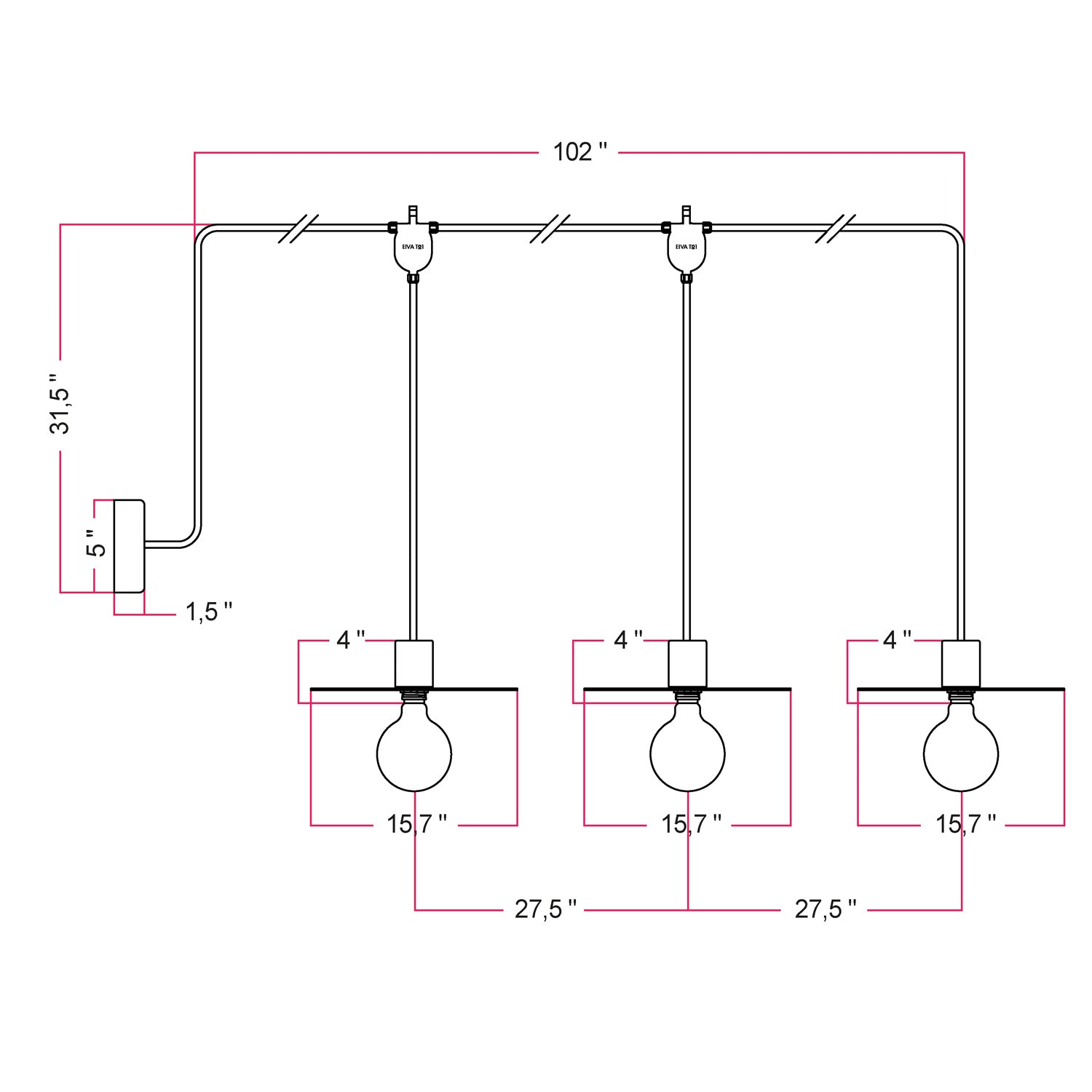 E-Snake EIVA Outdoor lamp for wet locations with 3 lights with canopy and lampshades - Black