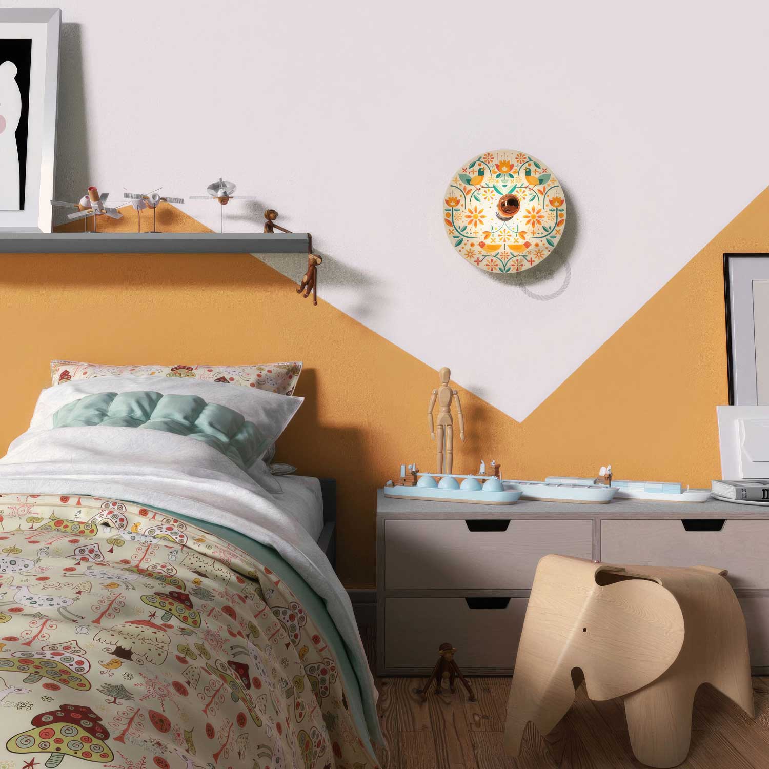 Fermaluce Etnico con paralume UFO in legno double-face illustrato da Francesco Poroli