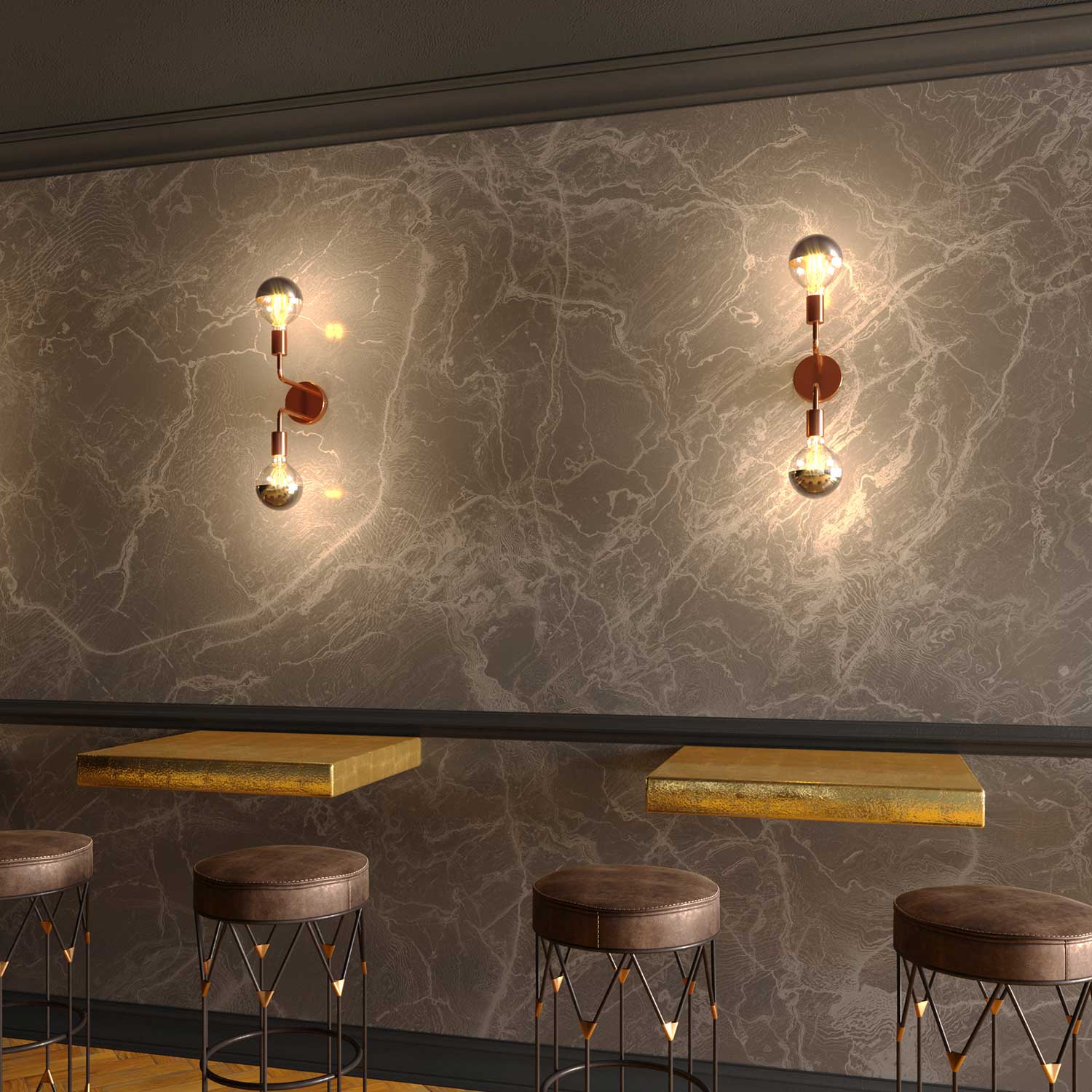 Fermaluce Metal, lampada a muro in metallo con doppia estensione curva - Rame