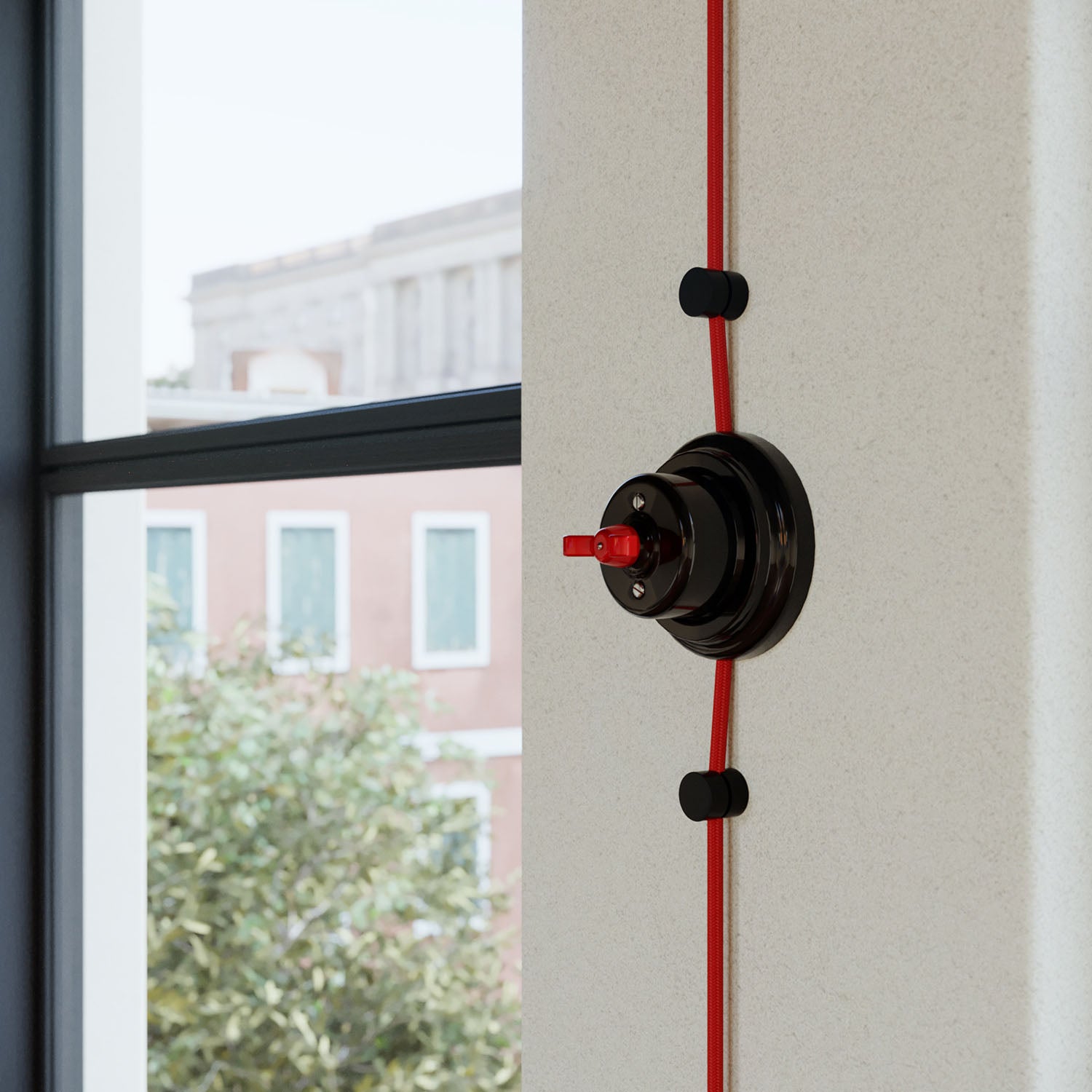 Kit interruttore/deviatore con dado a farfalla e base in porcellana nera Rosso